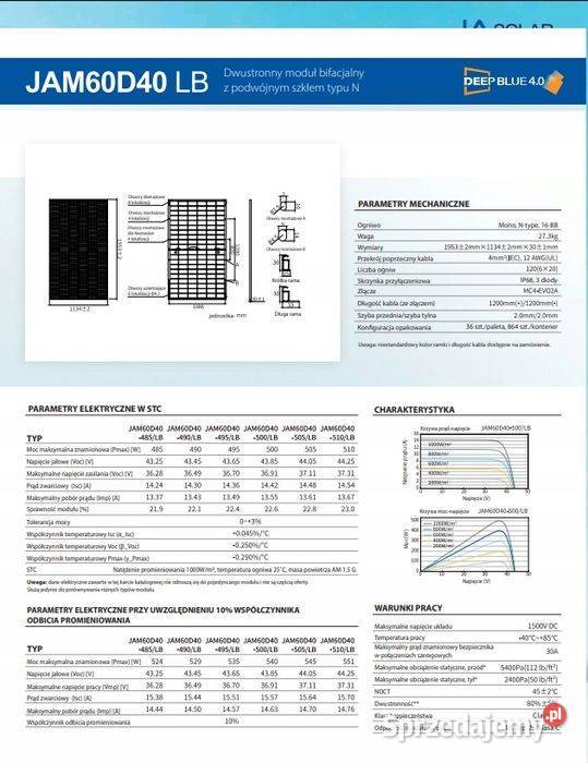 Paleta 37x JA SOLAR JAM60D40 BIFACIAL 500W LB