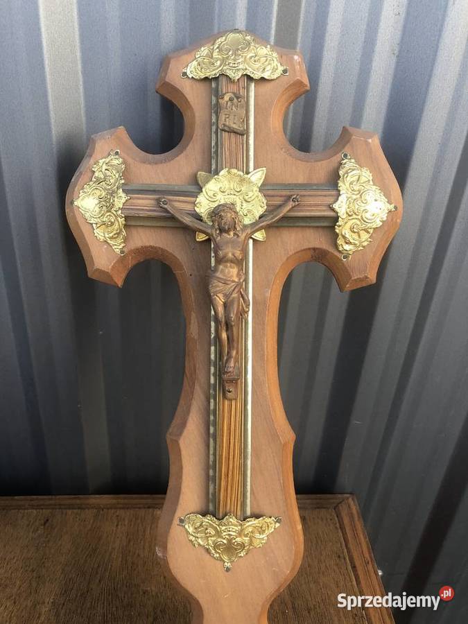 Stary drewniany krzyż Krucyfiks sygnowany