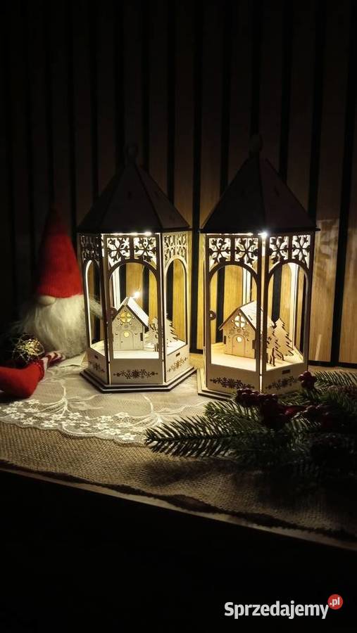 Drewniany lampion LED z domkiem i reniferem łódzkie Bełchatów