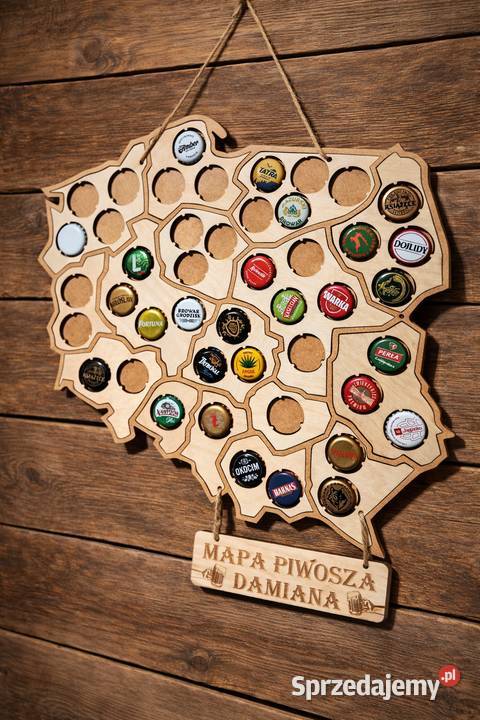 DREWNIANA MAPA POLSKI NA KAPSLE PIWA Warszawa