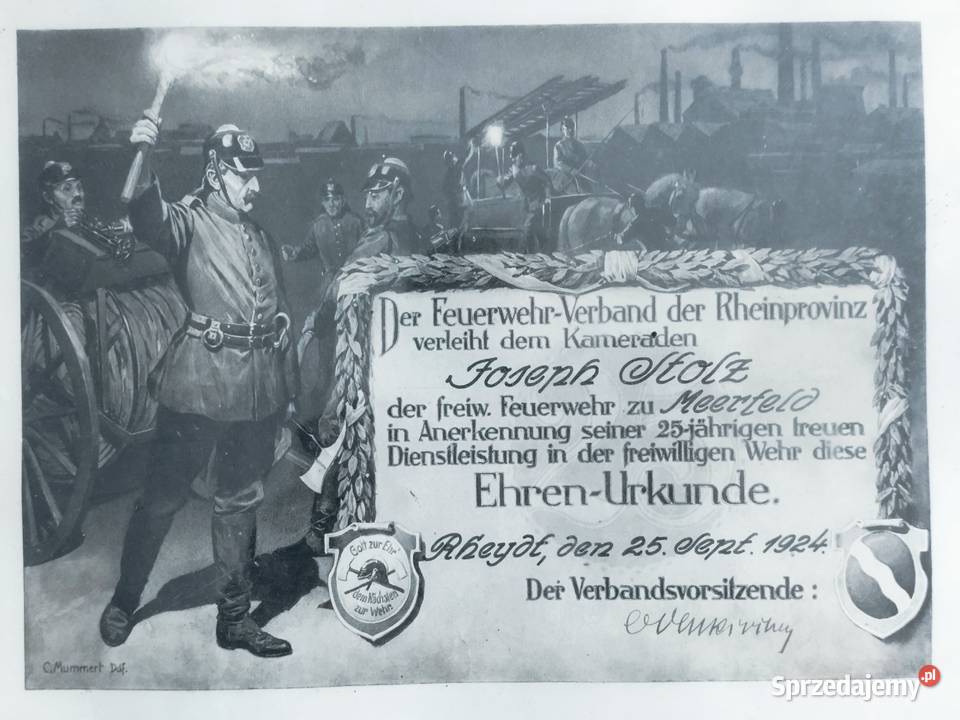 Stary dyplom strażacki 1924 Niemcy EhrenUrkunde sprzedam
