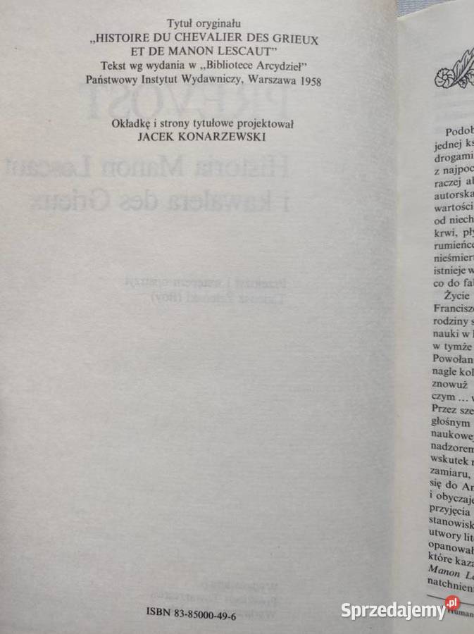 Historia Manon Lescaut i kawalera des Grieux Rok wydania 0 świętokrzyskie Kielce sprzedam