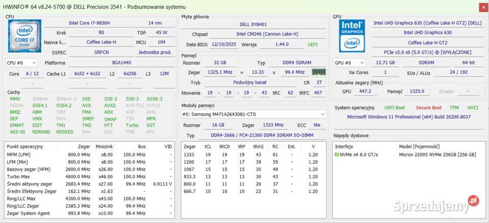 Dell Precision 3541 i79850H 32GB RAM Quadro P620 Poznań sprzedam