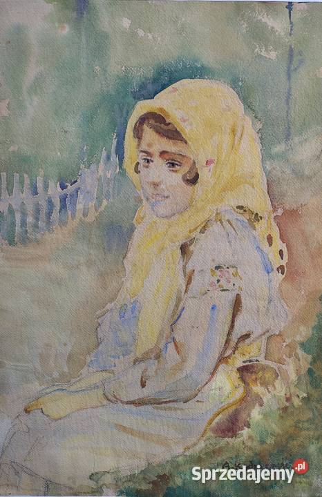 Portret wiejskiej dziewczyny stara akwarela Kartuzy