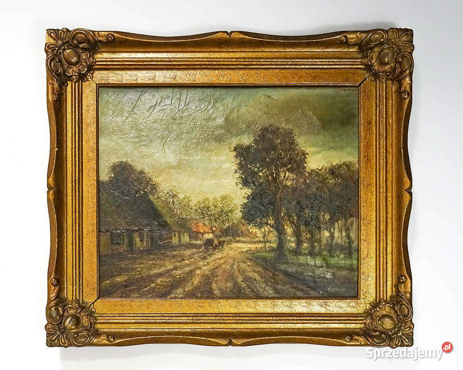 Antyk Obraz w złotej ramie BRZOZA PEJZAŻ podpis Malarstwo Kalisz sprzedam