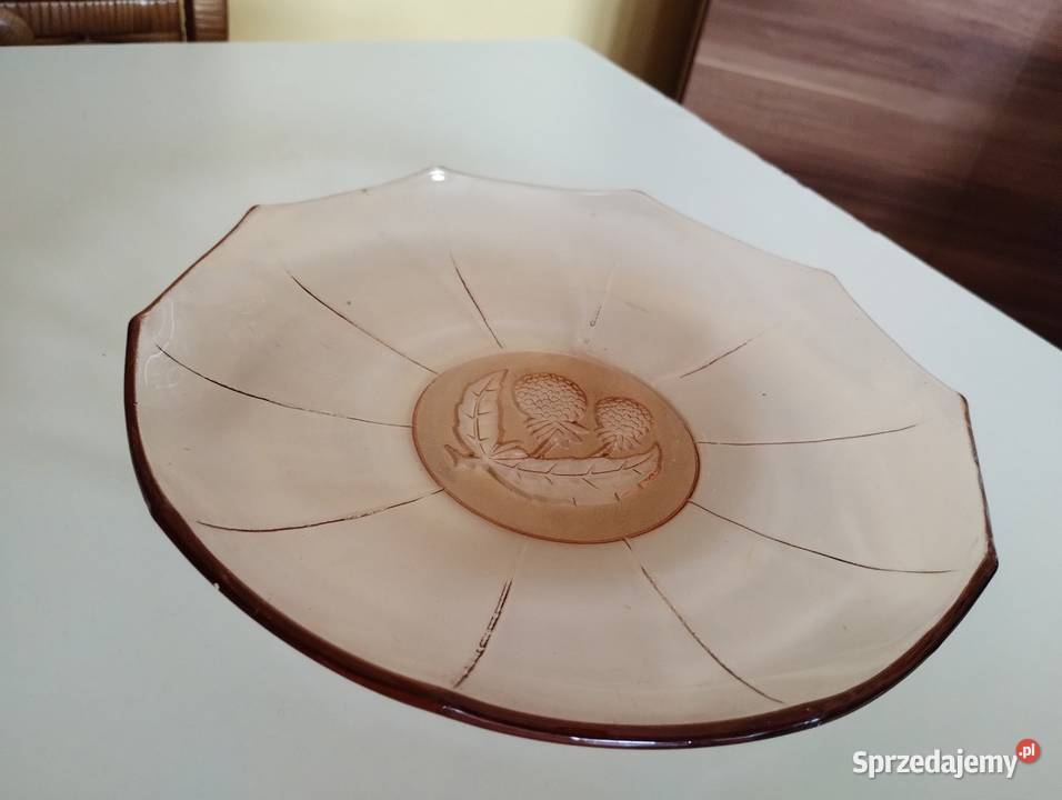 PRL patera art deco szkło rozalinowa maliny