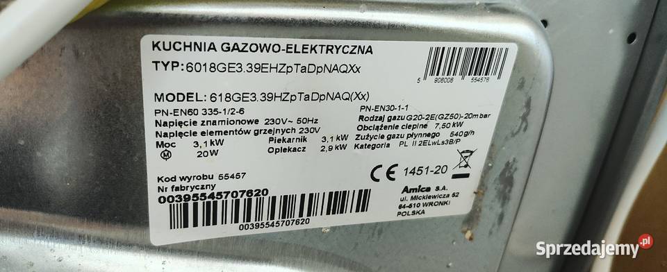 Kuchnia gazowa elektryczna Amica 60 Kamień Pomorski sprzedam