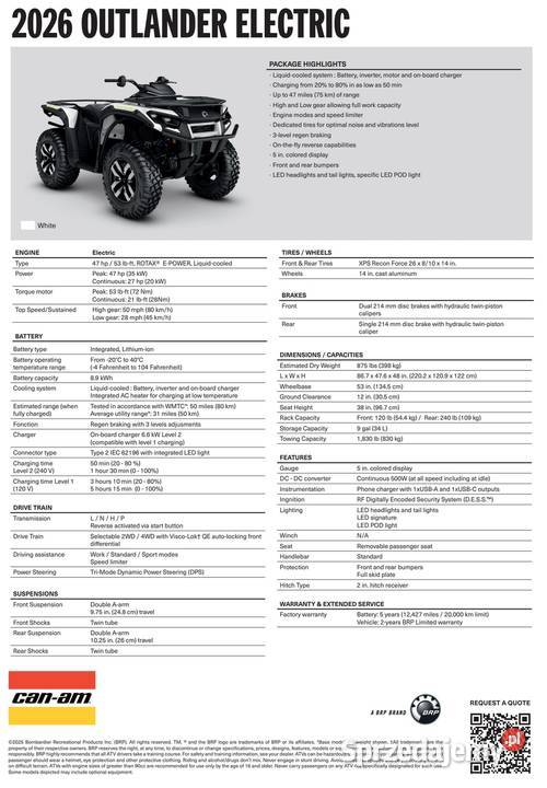 CanAm Outlander electric 2026 white 2WTC quad pierwszy właściciel Nowy Sącz
