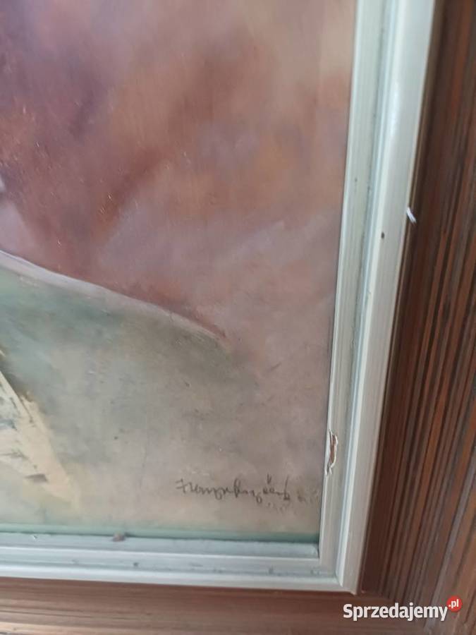 Stary obraz akwarela szklem sygnowana w prawym Lubań