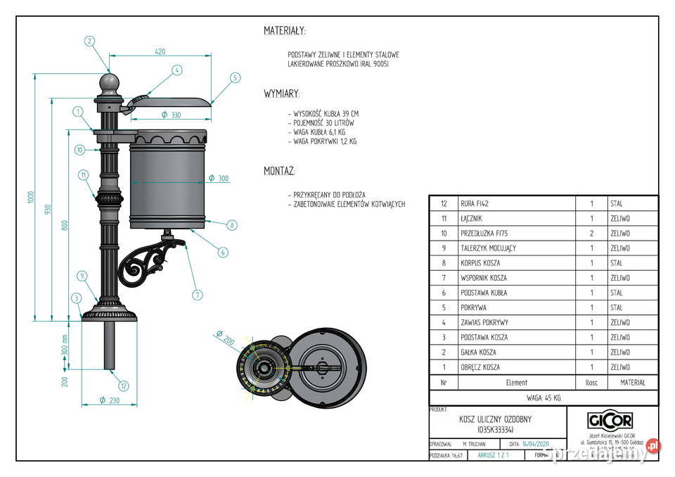 Kosz uliczny miejski parkowy żeliwny producent warmińsko-mazurskie Gołdap