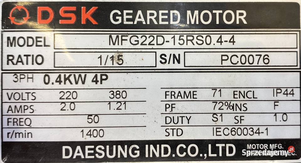 motoreduktor przekładnia 04kW 93obr 3fazowy Pigża sprzedam