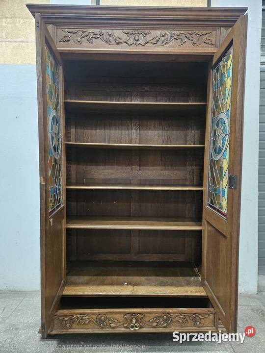 Stara dębowa biblioteczka eklektyczna z witrażem Nowy Sącz