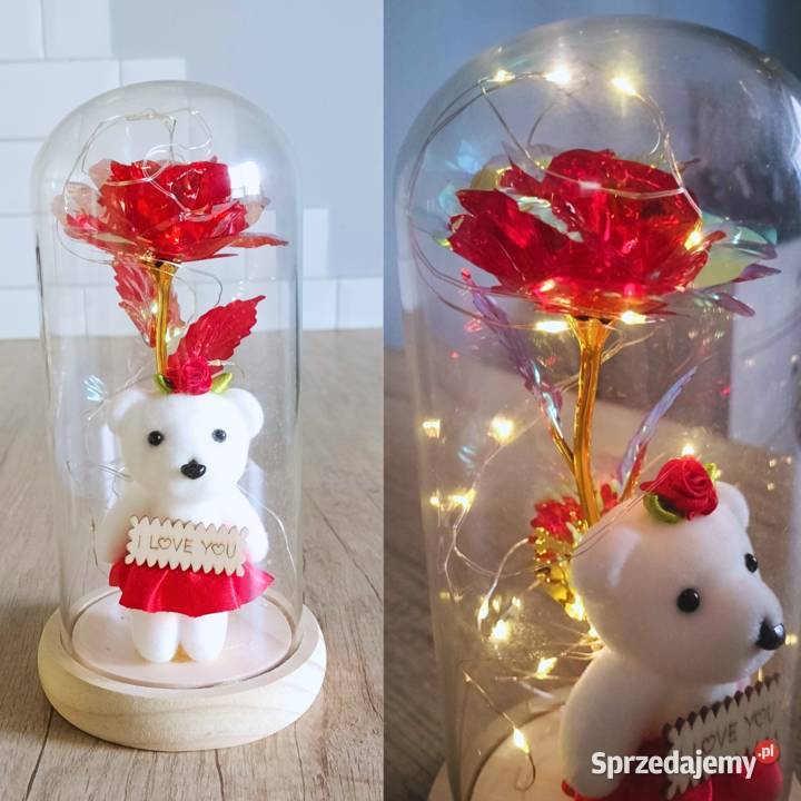 Róża w szkle LED z misiem I love youprezent Bydgoszcz