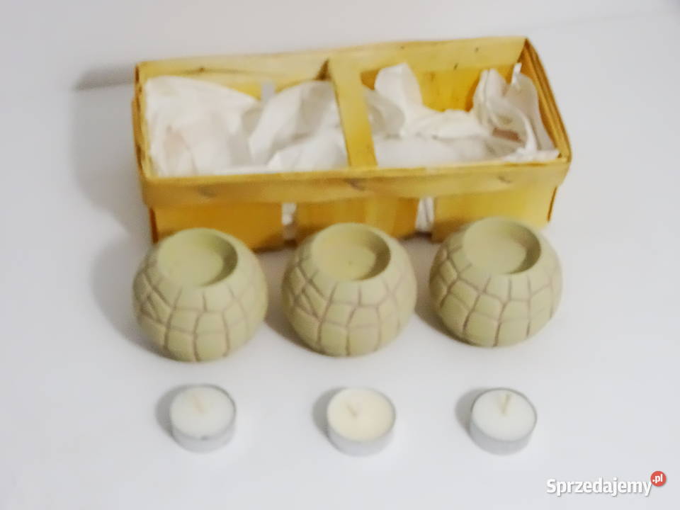 Zestaw dekoracyjny 3 świeczniki koszyk drewniany lubelskie Biłgoraj