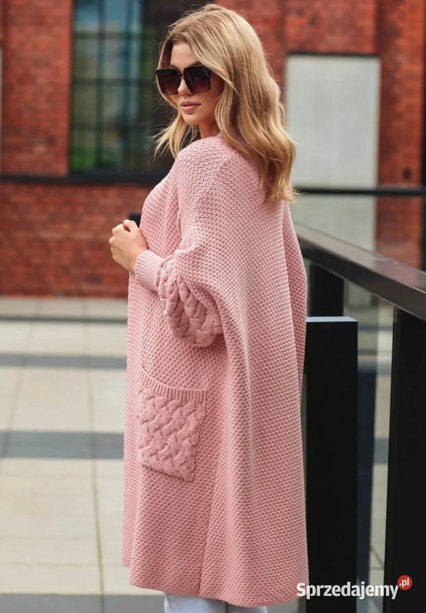 Długi Kardigan Oversize Plait PudrowoRóżowy mazowieckie Nowy Kawęczyn