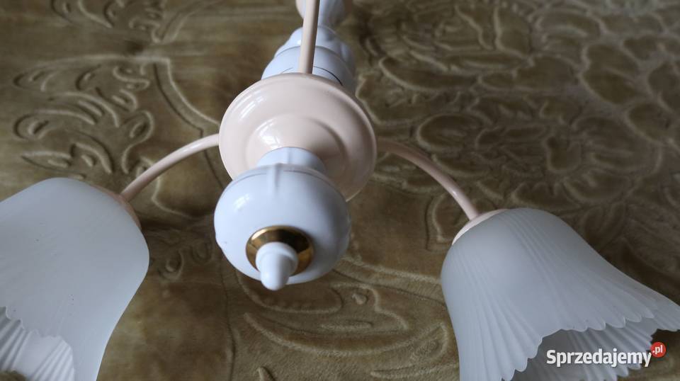 Żyrandol 3 Ramienny z Porcelitu Klosze Szkło PRL Ziębice