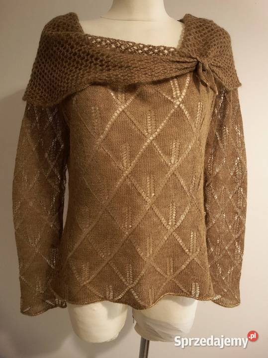 Sweter Moherowy Wełniany Ażurowy Camelowy Łomża