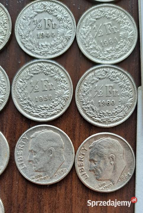 Srebrne monety 15 franka 10 centów one dime sprzedam