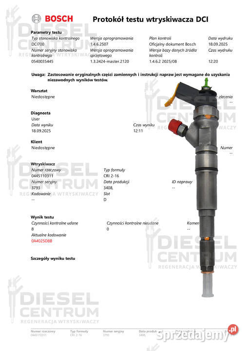 WTRYSKIWACZ BOSCH 0445110311 CitronPeugeot 16 Miszewo