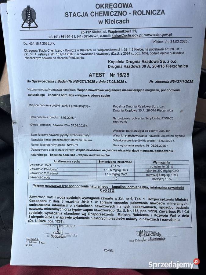 Kreda nawozowa odmiana 07a kopalnia drugnia Mikołów