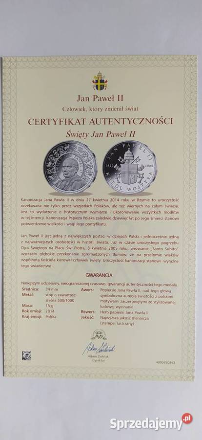 Święty Jan Paweł II medal ze srebra dolnośląskie Wrocław sprzedam