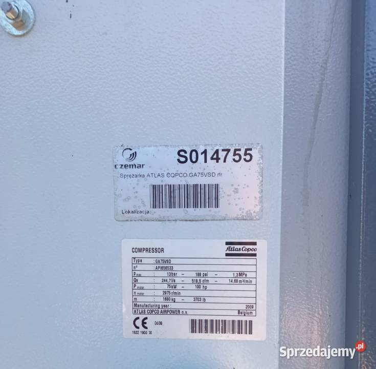Sprężarka śrubowa kompresor ATLAS COPCO GA75 VSD opolskie