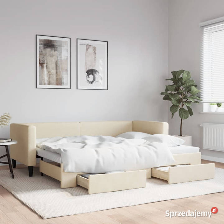 Sofa rozsuwana z szufladami kremowa tkanina mazowieckie