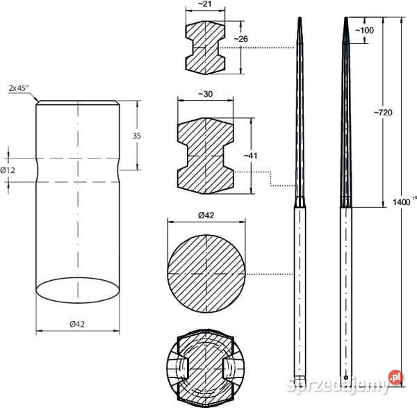 Ząb ładowacza prosty profil podwójne T 42x1400 Kamionna