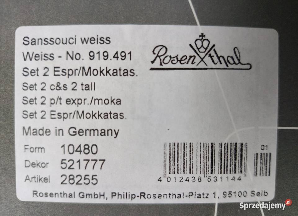 Rosenthal Sanssouci 2 x filiżanka do espresso Radłów