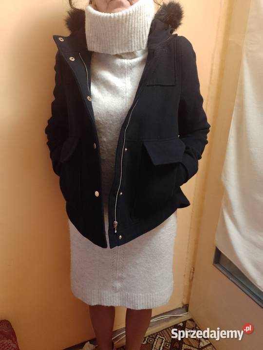 38M ZARAGranatowy płaszcz z Futrzanym kapturem Kurtki i płaszcze małopolskie Kraków