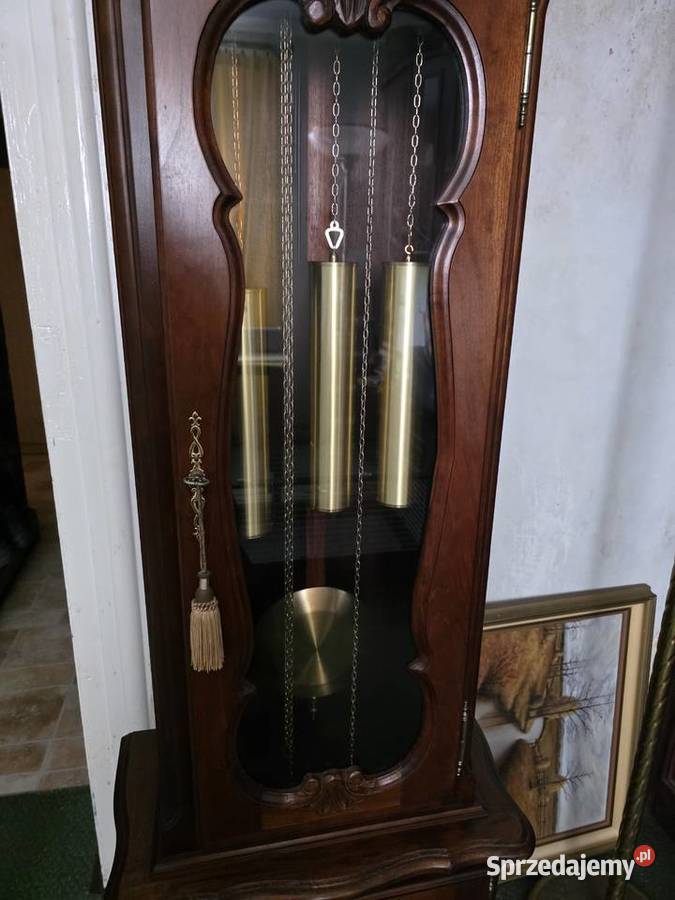 Stojący zegar kwadransowy mahoń mosiądz Zegary Wałbrzych