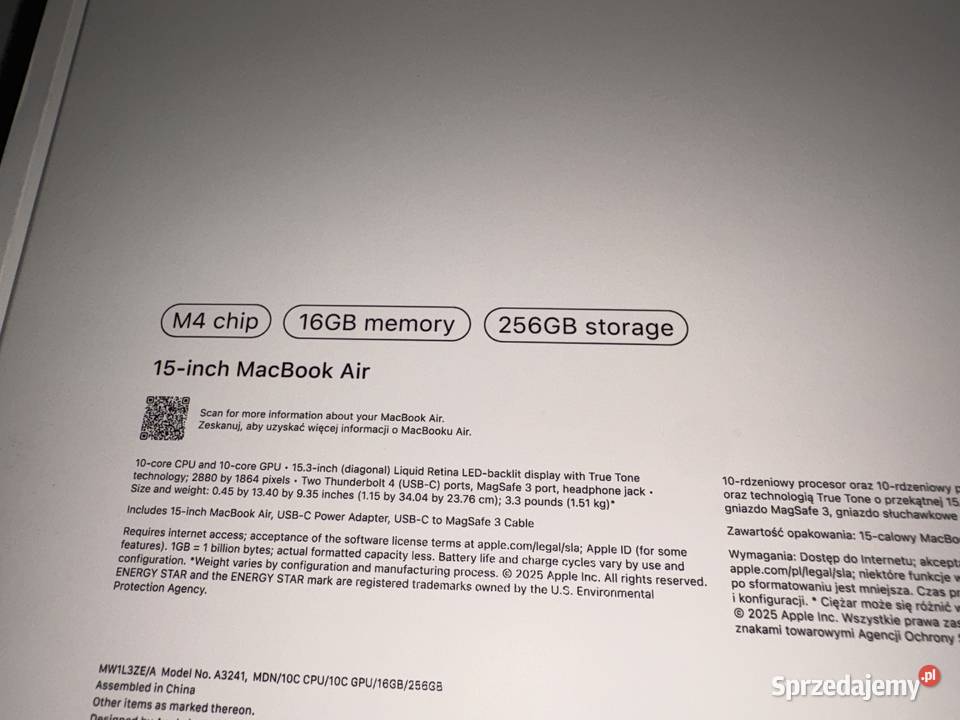 Apple MacBook Air M4 15 2025 lubelskie Zamość sprzedam