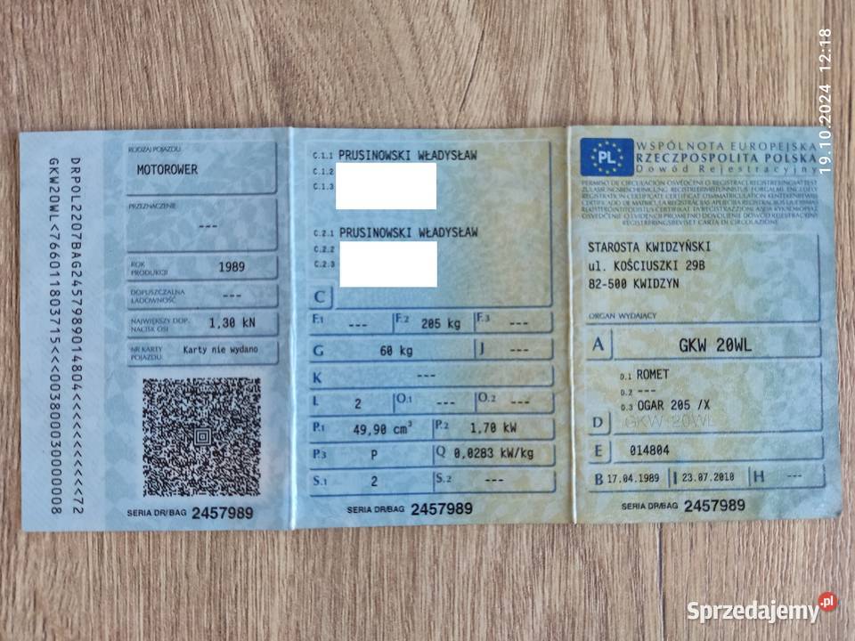 Rama ROMET OGAR 205 zarejestrowana dokumenty Pozostałe Parczew