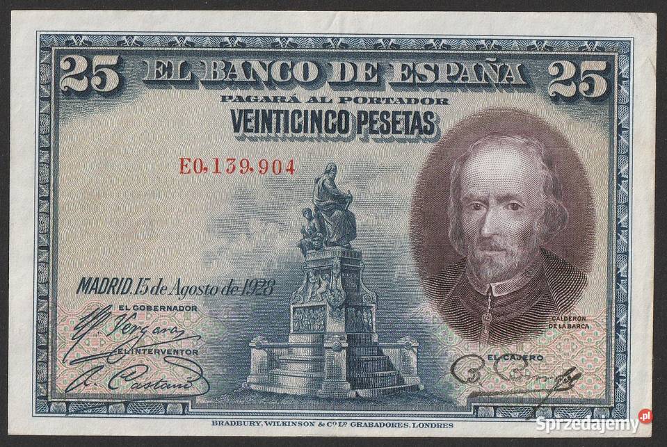 HISZPANIA 25 PESET 1928 CALDERON DE LA BARCA Łódź