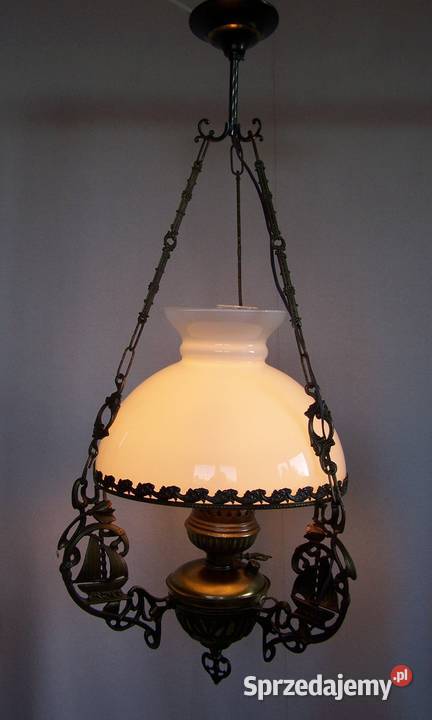 Lampa wisząca naftowiec szkło mleczne mosiądz