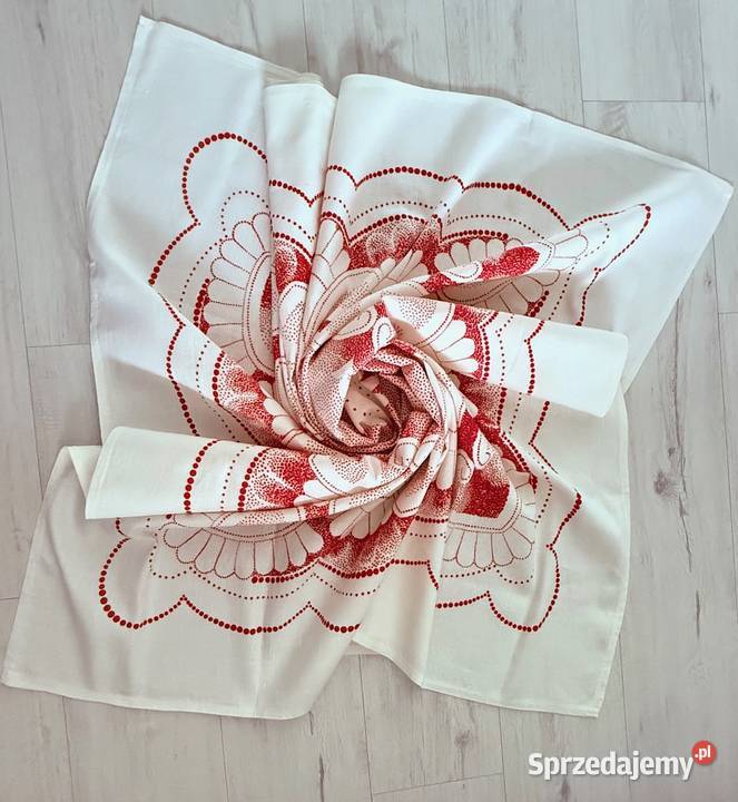 Obrus w kwiaty len 140x130 czerwony biały duży Tkaniny Łódź