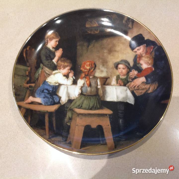 Stary Talerz Porcelanowy Modlitwa posiłku wielokolorowy