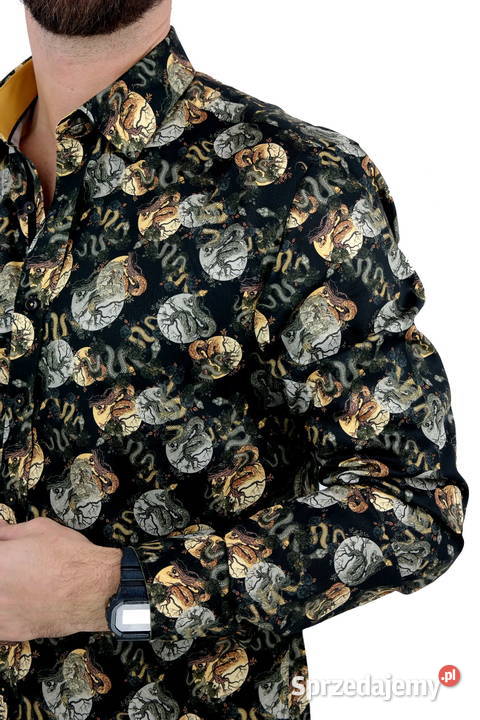 DANIEL BESSI Koszula Męska Fb068 Czarna Wąż Róże Ostrów Wielkopolski