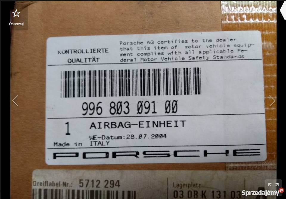 Poduszka powietrzna boczna lewa Porsche 996 986 Wyposażenie wnętrza Pilzno