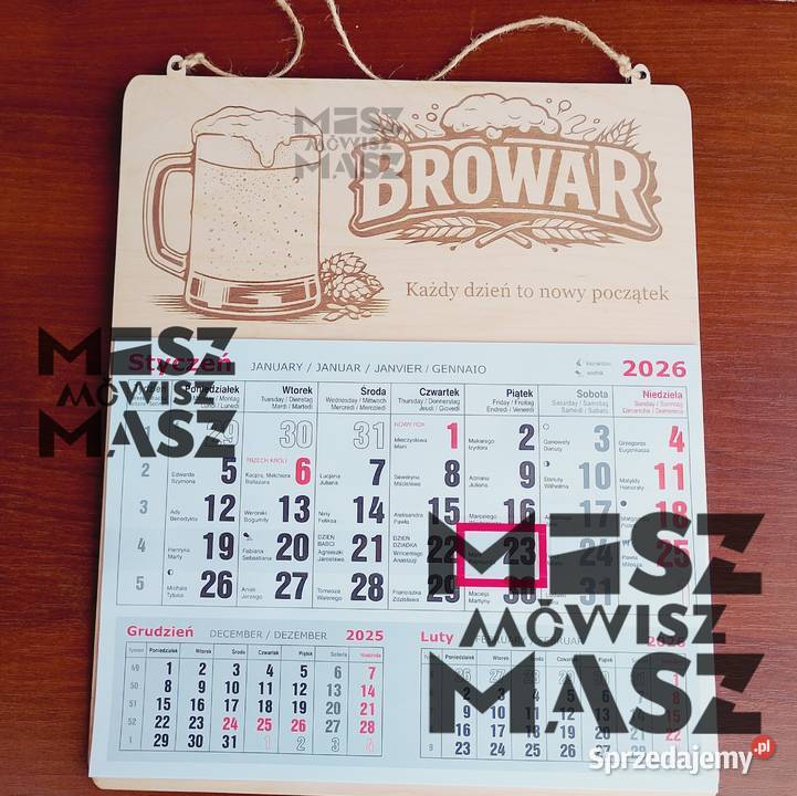 Kalendarz 2026 drewniany na każdą okazję grawer
