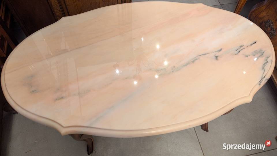 Piękny orzechowy stolik ludwikowski z marmurem śląskie Dąbrowa Górnicza
