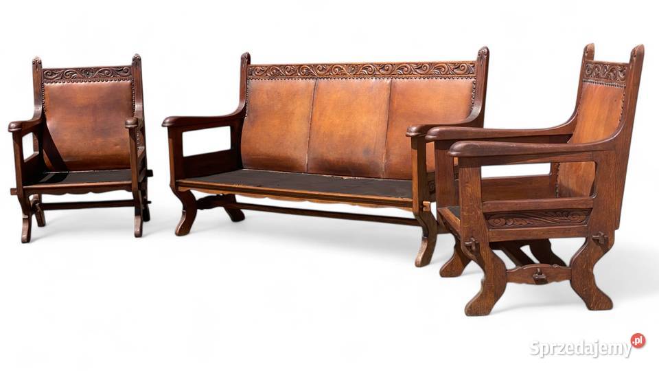 Stary dębowy komplet wypoczynkowy skóra