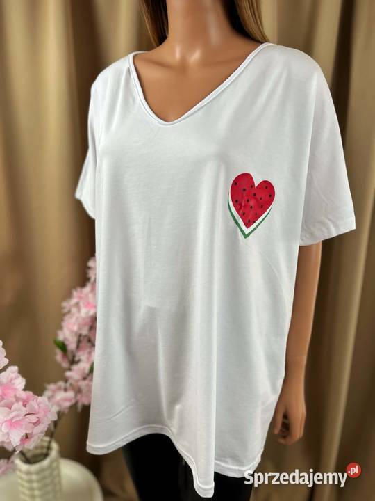 Biały tshirt oversize arbuz serce bawełna plus mazowieckie Augustówka