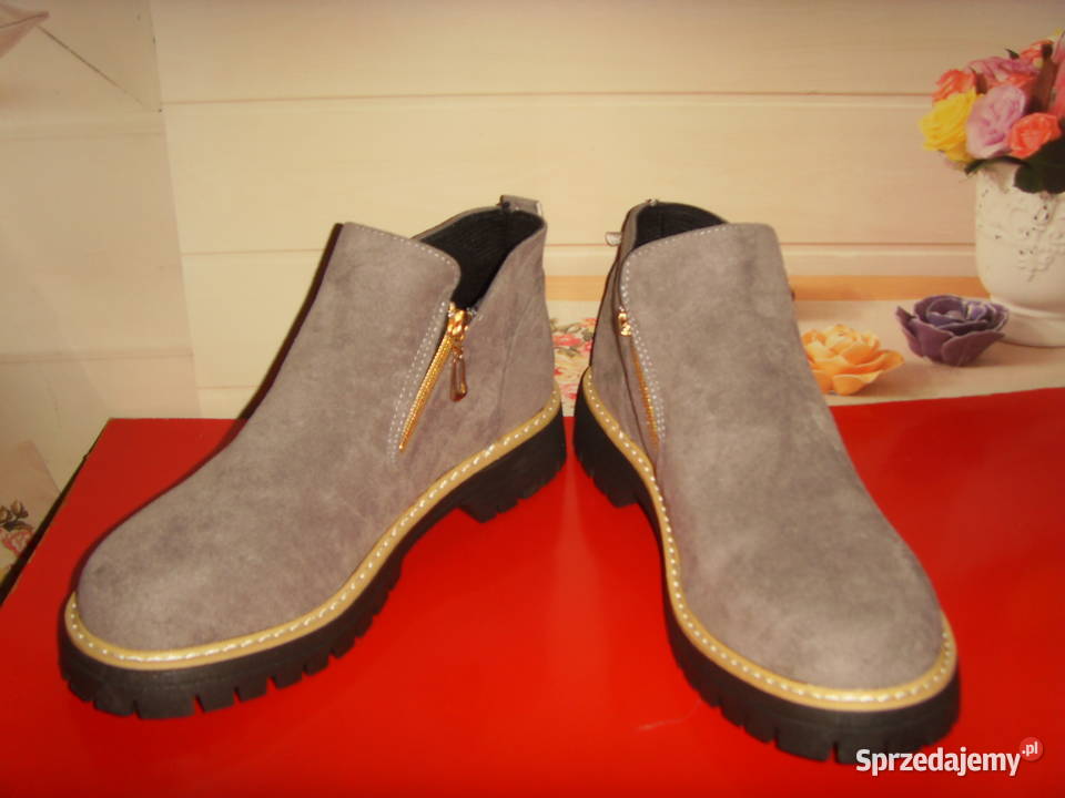 BOTKI DAMSKIE SZARE STYL CASUAL NOWE TANIO skóra ekologiczna Kozaki Wrocław sprzedam