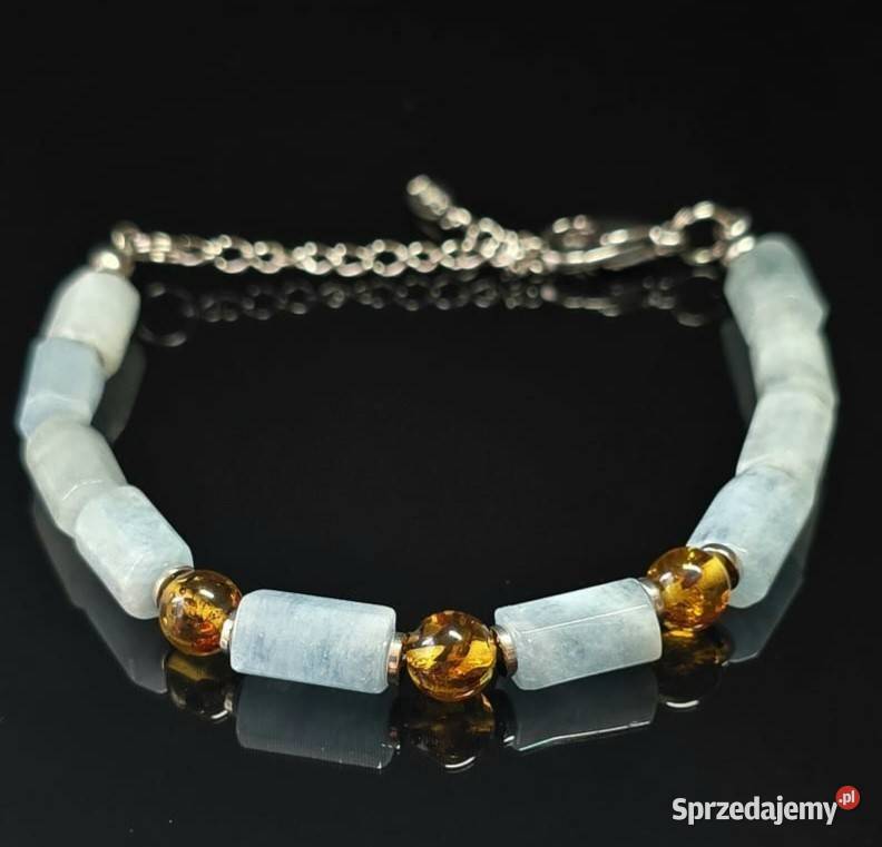 Bransoletka Bursztyn kamień Akwamaryn stal na sprzedam