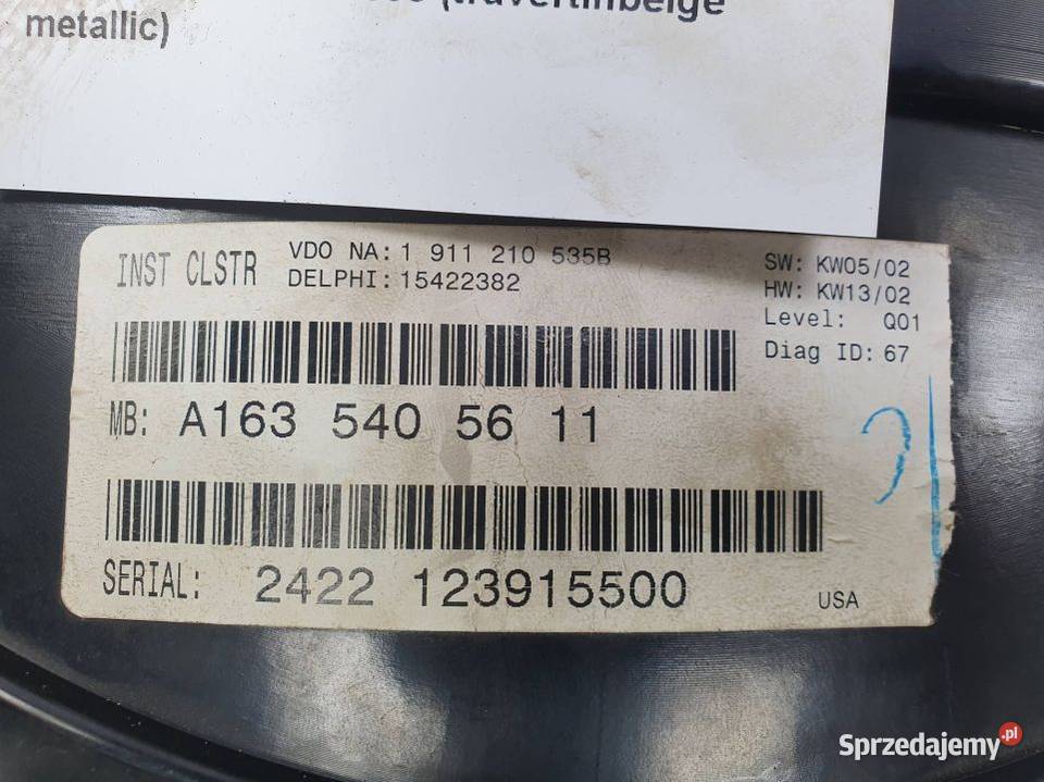 LICZNIK ZEGAR MERCEDES ML W163 A1635405611 Lipno