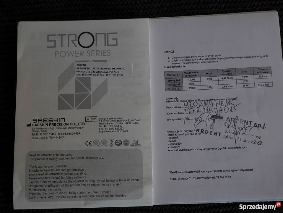 Mikrosilnik protetyczny Saeshin Strong 21035k Oleśnica