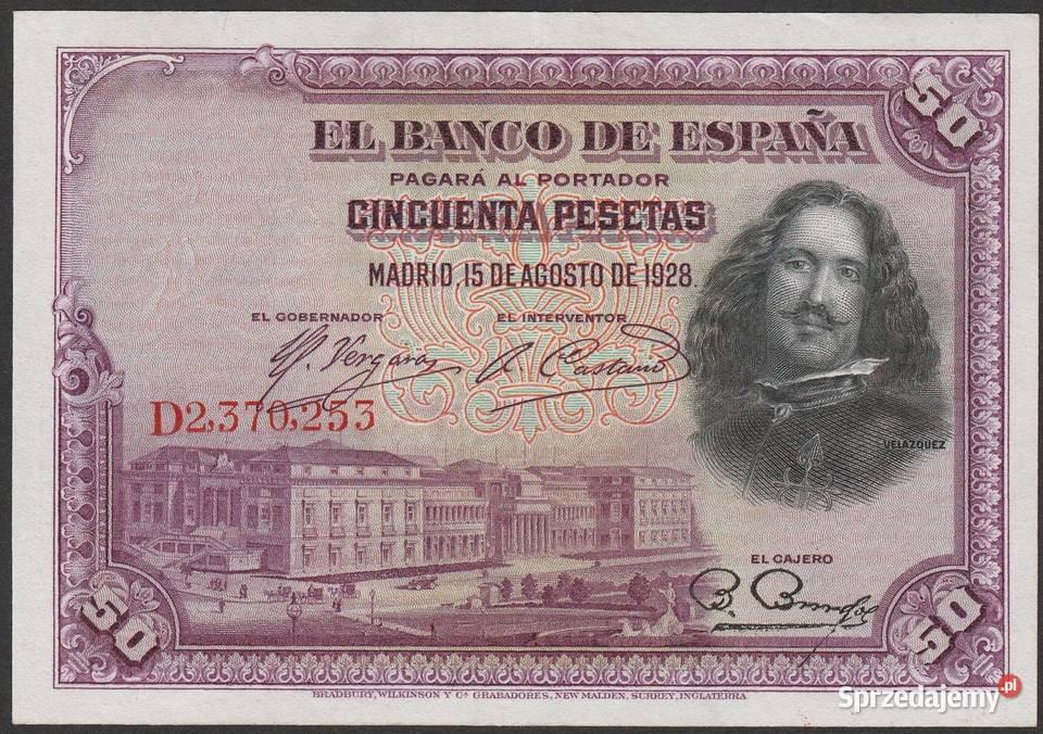 Hiszpania 50 peset 1928 Diego Velazquez stan Łódź