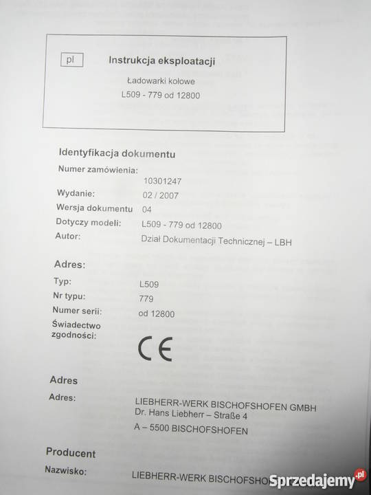 dtr instrukcja obsługi ładowarka liebherr L 509 Szczecin sprzedam