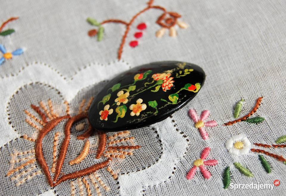 Stara broszka metalowa ręcznie malowana kwiaty Lublin